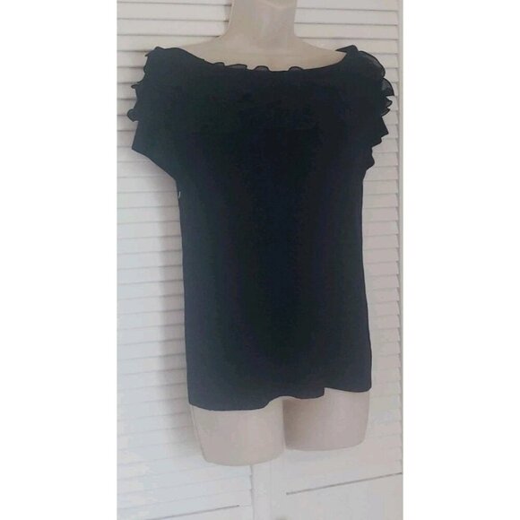NWT SIONI MILANO BLACK KNIT RUFFLE COLD SHOULDER BLOUSE TOP MEDIUM - Picture 4 of 10